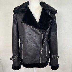 Black Faux Suede Asymmetrical Zip Oversized Motorcycle Jacket Faux Fur Express